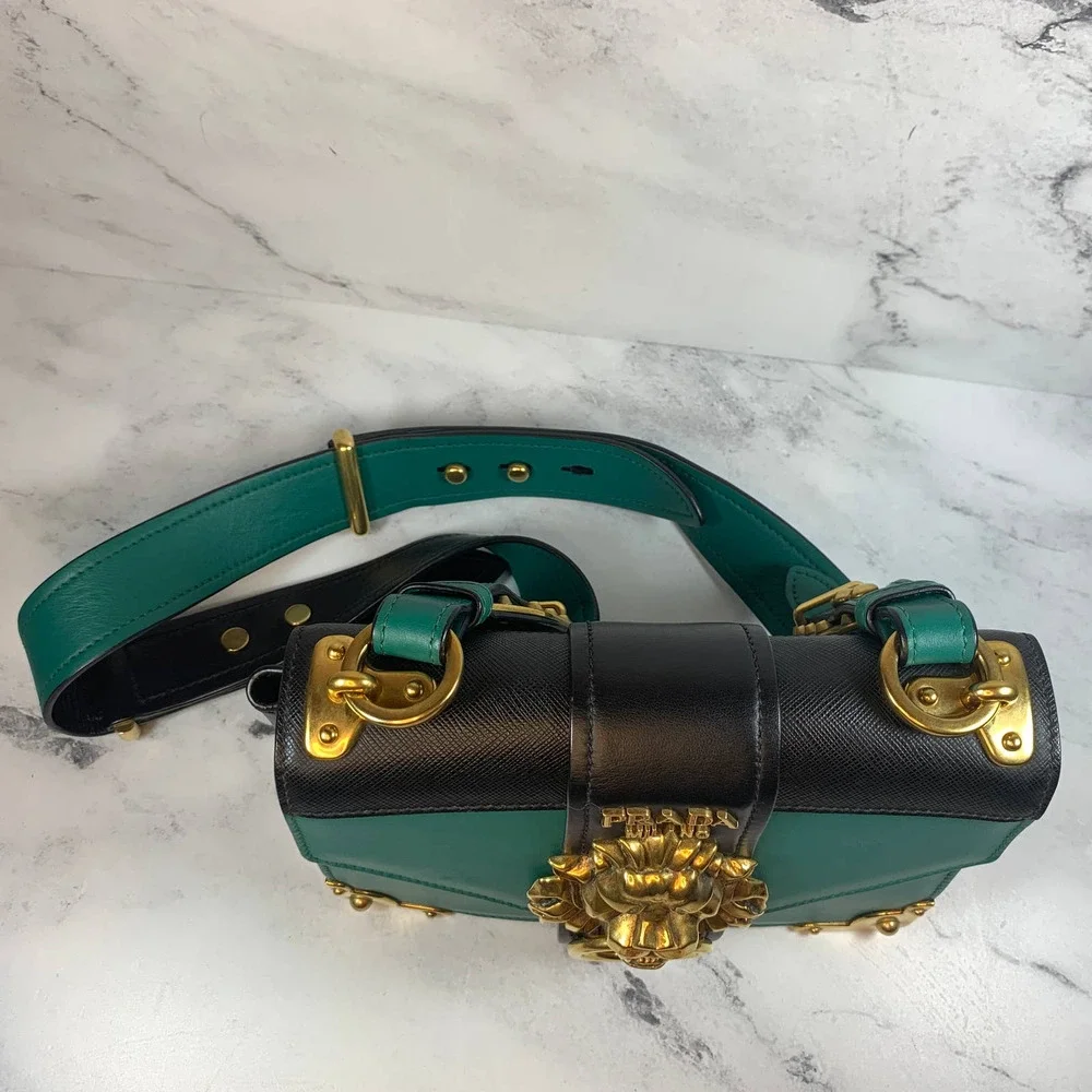 ❌❌ PRADA Lions Head Bag Antic Soft Saffiano Cahier Shoulder/Crossbody Green - Picture 11 of 16